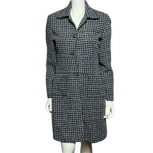 WDNY Black White Tweed Long Coat Lined Floral Interior Size 6